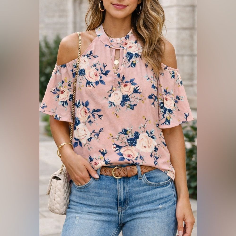 Monteau Women's Medium Shirt Blush Pink Floral Blouse Boho Cottagecore Top